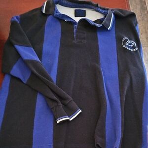 vintage boss polo Men's Blue and Black Striped Polo Shirt